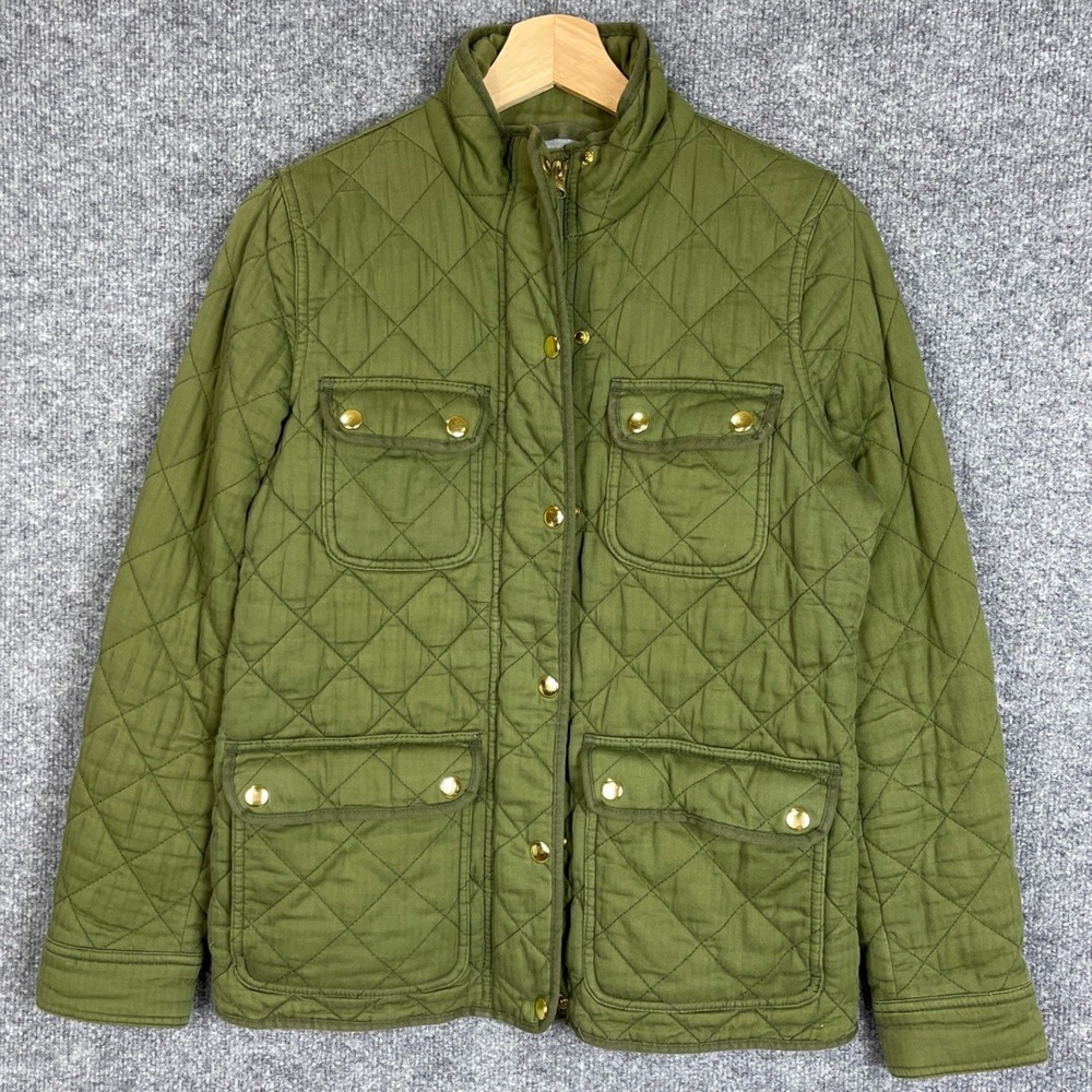 J.Crew Quilted Field Jacket Womens XS Green Excellent Gold Snap Utility Coat